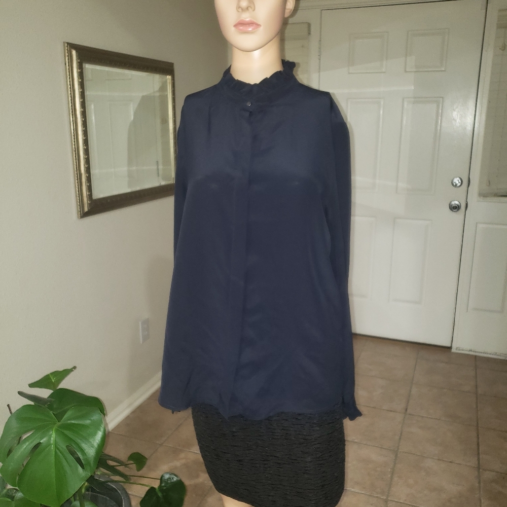 Antonio Melani M silk button down shirt ruffle neckline arm cuffs sophisticated